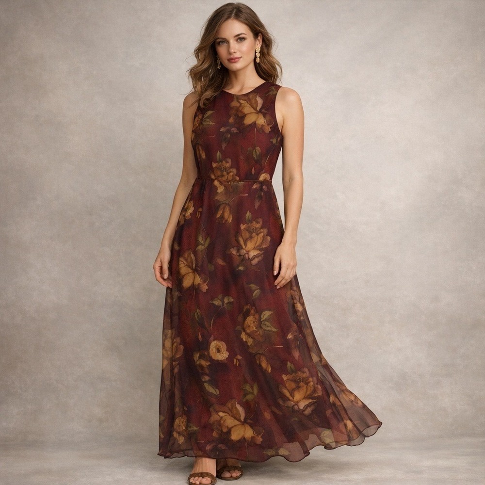 Vtg 90s DJ & Co Floral Maxi Dress Women 12 Burgundy Whimsigoth Grunge Formal